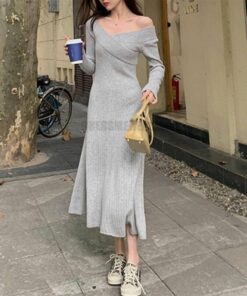 Dress For Work Long Sleeve Knitted Dress DRESSES FOR WORK Color: Gray Size: M 