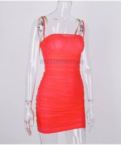 Neon Zip Up Summer Sleeveless Bodycon Mesh Mini Dress NEON COLOR DRESSES color: Black|Coral Red|fluorescent green|Green|Orange|Pink|Purple|Red|White 