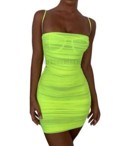 Neon Zip Up Summer Sleeveless Bodycon Mesh Mini Dress NEON COLOR DRESSES color: Black|Coral Red|fluorescent green|Green|Orange|Pink|Purple|Red|White 