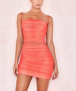Neon Zip Up Summer Sleeveless Bodycon Mesh Mini Dress NEON COLOR DRESSES Color: Coral Red Size: L 