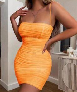 Neon Zip Up Summer Sleeveless Bodycon Mesh Mini Dress NEON COLOR DRESSES Color: Orange Size: L 