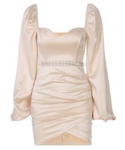 Satin Tulip Hem Mini Lantern Sleeve Ruched Bodycon Dress SATIN TULIP HEM MINI DRESSES Color: apricot Size: S 