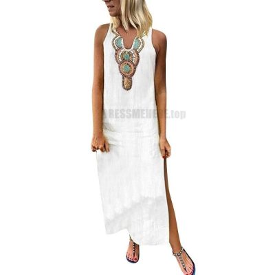 2021 Boho Women White Vintage Split White Plus Summer Vacation Party Long Maxi Dress Sleeveless Sundress Kaftan Dress S-5xl Uncategorized color: Gray|White