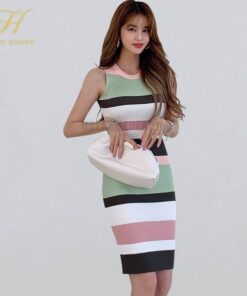 H Han Queen Elegant Occupation Sleeveless Knitted Dress Women Summer Stretch Striped Bodycon Dresses Wear To Work Pencil Vestido Uncategorized color: Blue|Green 