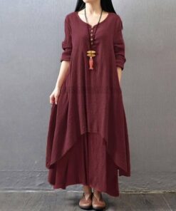 Daytime Autumn Winter Casual Oversized Boho Maxi Dress DAYTIME DRESSES Color: Burgundy Size: M 