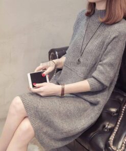 Daytime Turtleneck Sweater Sleeve Warm Knitted Dress DAYTIME DRESSES Color: Dark Gray Size: S 