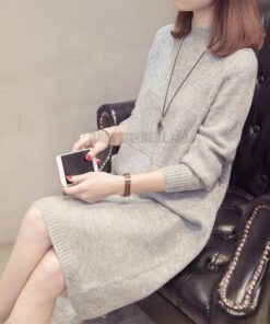 Daytime Turtleneck Sweater Sleeve Warm Knitted Dress DAYTIME DRESSES Color: Light Gray Size: XL 