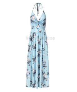 Deep Plunge Maxi Dress Summer Boho Floral Halterneck Dress DEEP PLUNGE MAXI DRESSES WITH FRONT SPLIT color: Blue|Navy|Pink 
