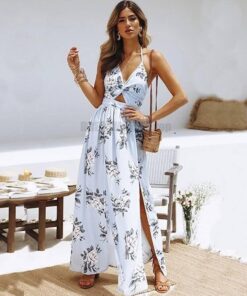 Deep Plunge Maxi Dress Summer Boho Floral Halterneck Dress DEEP PLUNGE MAXI DRESSES WITH FRONT SPLIT Color: Blue Size: XL 