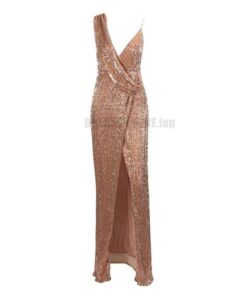 Deep Plunge Maxi Dress With Front Side Split Gold Sequins Party Dress DEEP PLUNGE MAXI DRESSES WITH FRONT SPLIT color: ROSE GOLD 