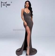 Deep Plunge Maxi Dresses With Front Side Split Formal Stretch Dress DEEP PLUNGE MAXI DRESSES WITH FRONT SPLIT Color: Black Size: S 