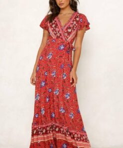 Deep Plunge Maxi Dress with front Split Floral Print Long Maxi Dress DEEP PLUNGE MAXI DRESSES WITH FRONT SPLIT color: Beige|Blue|Green|Red|Sky blue|Wine red 