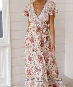  DEEP PLUNGE MAXI DRESSES WITH FRONT SPLIT Color: Beige Size: M Ships From: China