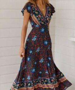  DEEP PLUNGE MAXI DRESSES WITH FRONT SPLIT Color: Blue Size: XL Ships From: China