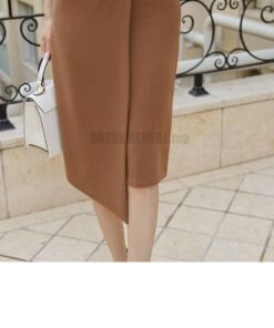Irregular Hem Half Length Sleeve Midi Dress for Work With Zipper DRESSES FOR WORK color: Brown 