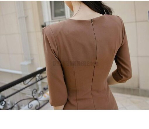 Irregular Hem Half Length Sleeve Midi Dress for Work With Zipper DRESSES FOR WORK color: Brown