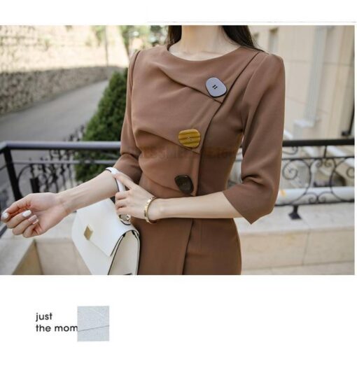 Irregular Hem Half Length Sleeve Midi Dress for Work With Zipper DRESSES FOR WORK color: Brown