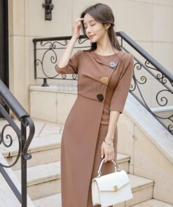 Irregular Hem Half Length Sleeve Midi Dress for Work With Zipper DRESSES FOR WORK color: Brown 