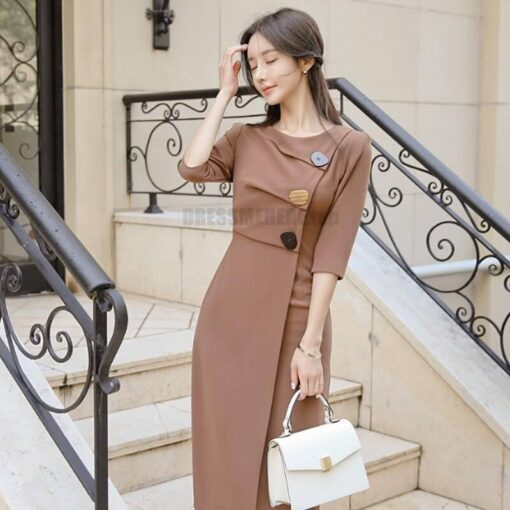 Irregular Hem Half Length Sleeve Midi Dress for Work With Zipper DRESSES FOR WORK color: Brown