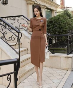 Irregular Hem Half Length Sleeve Midi Dress for Work With Zipper DRESSES FOR WORK color: Brown