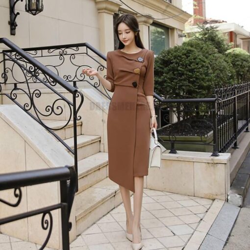 Irregular Hem Half Length Sleeve Midi Dress for Work With Zipper DRESSES FOR WORK color: Brown