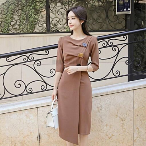 Irregular Hem Half Length Sleeve Midi Dress for Work With Zipper DRESSES FOR WORK color: Brown