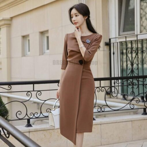 Irregular Hem Half Length Sleeve Midi Dress for Work With Zipper DRESSES FOR WORK color: Brown