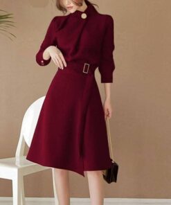 Dress For Work Button Belted Long Sleeved DRESSES FOR WORK color: Black|Burgundy