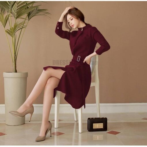 Dress For Work Button Belted Long Sleeved DRESSES FOR WORK color: Black|Burgundy