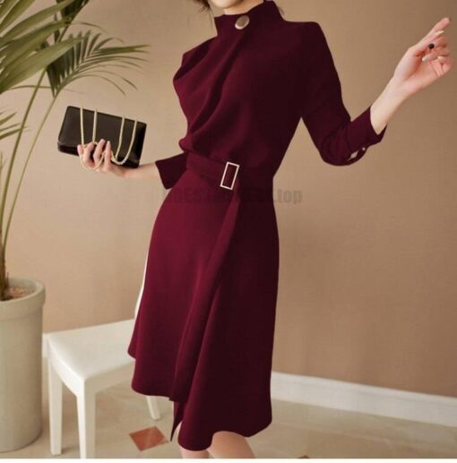 Dress For Work Button Belted Long Sleeved DRESSES FOR WORK color: Black|Burgundy