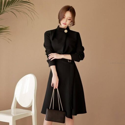 Dress For Work Button Belted Long Sleeved DRESSES FOR WORK color: Black|Burgundy