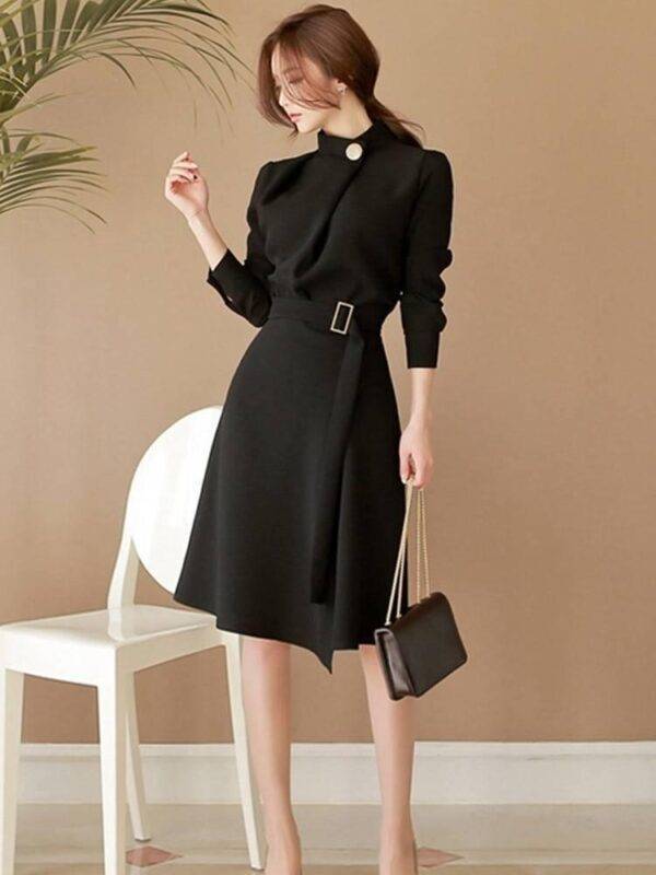 Dress For Work Button Belted Long Sleeved DRESSES FOR WORK color: Black|Burgundy