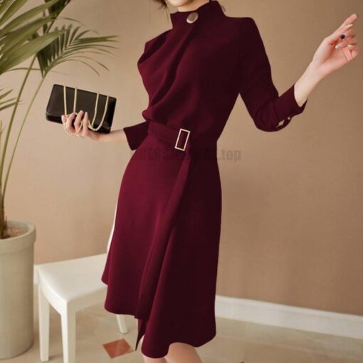 Dress For Work Button Belted Long Sleeved DRESSES FOR WORK color: Black|Burgundy