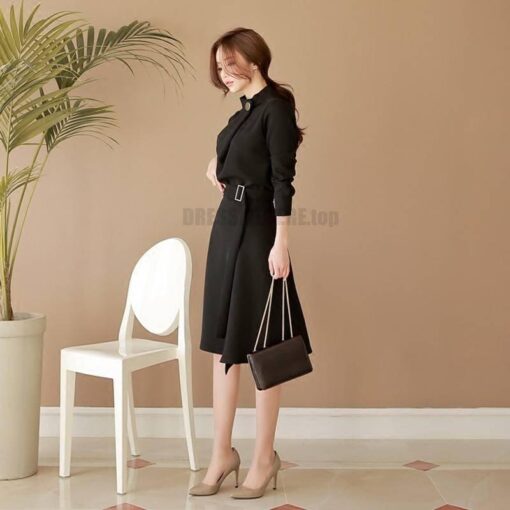 Dress For Work Button Belted Long Sleeved DRESSES FOR WORK color: Black|Burgundy