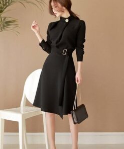 Dress For Work Button Belted Long Sleeved DRESSES FOR WORK Color: Black Size: XXL 