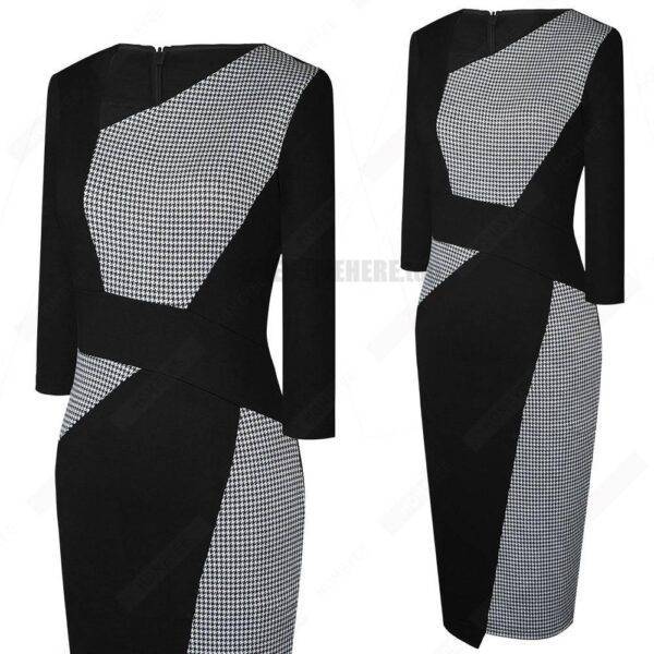 Patchwork Cotton Sheath Dress for Work DRESSES FOR WORK color: Apricot and black|apricot Lake blue|Blue and black|Blue long sleeve|Gray and Black|Red long sleeve|White and black|White and gray|White Houndstooth|White long sleeve