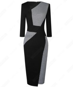 Patchwork Cotton Sheath Dress for Work DRESSES FOR WORK color: Apricot and black|apricot Lake blue|Blue and black|Blue long sleeve|Gray and Black|Red long sleeve|White and black|White and gray|White Houndstooth|White long sleeve 
