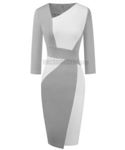 Patchwork Cotton Sheath Dress for Work DRESSES FOR WORK Color: White and gray Size: S 