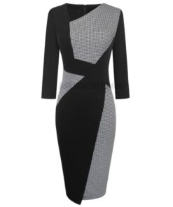 Patchwork Cotton Sheath Dress for Work DRESSES FOR WORK Color: White Houndstooth Size: XXL 
