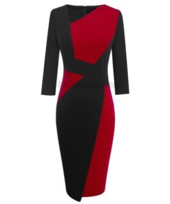Patchwork Cotton Sheath Dress for Work DRESSES FOR WORK Color: Red long sleeve Size: L 