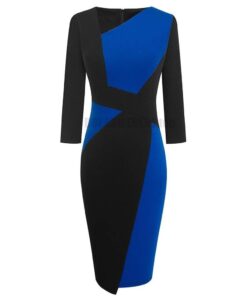 Patchwork Cotton Sheath Dress for Work DRESSES FOR WORK Color: Blue long sleeve Size: XXL 