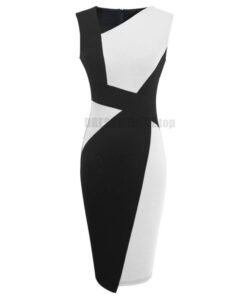 Patchwork Cotton Sheath Dress for Work DRESSES FOR WORK Color: White and black Size: XL 