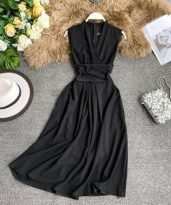 Fit And Flare Sleeveless Cross Drawstring Dress For Work DRESSES FOR WORK Color: Black Size: One Size 