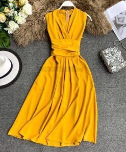 Fit And Flare Sleeveless Cross Drawstring Dress For Work DRESSES FOR WORK Color: Yellow Size: One Size 