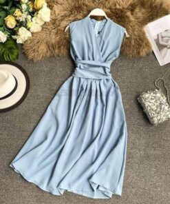 Fit And Flare Sleeveless Cross Drawstring Dress For Work DRESSES FOR WORK Color: Light blue Size: One Size 