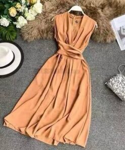 Fit And Flare Sleeveless Cross Drawstring Dress For Work DRESSES FOR WORK Color: Khaki Size: One Size 