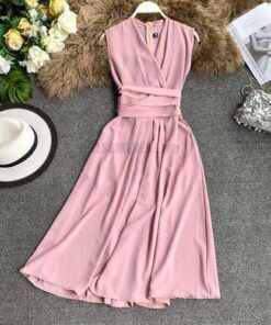 Fit And Flare Sleeveless Cross Drawstring Dress For Work DRESSES FOR WORK Color: Pink Size: One Size 