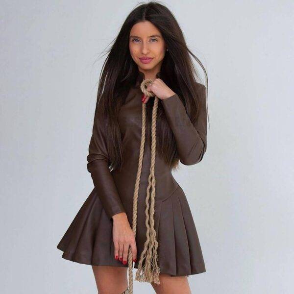 Long Sleeve Zip Up Faux Leather Dress LONG SLEEVE ZIP UP DRESSES color: Black|Brown