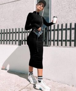 Neon Zip Up Autumn Long Sexy Zipper Front Long Sleeve Bandage Dress NEON ZIP UP DRESSES Color: Black Size: L 