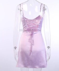 Satin Tulip Hem Mini Spaghetti Straps High Waist Dress SATIN TULIP HEM MINI DRESSES color: Pink|Purple 
